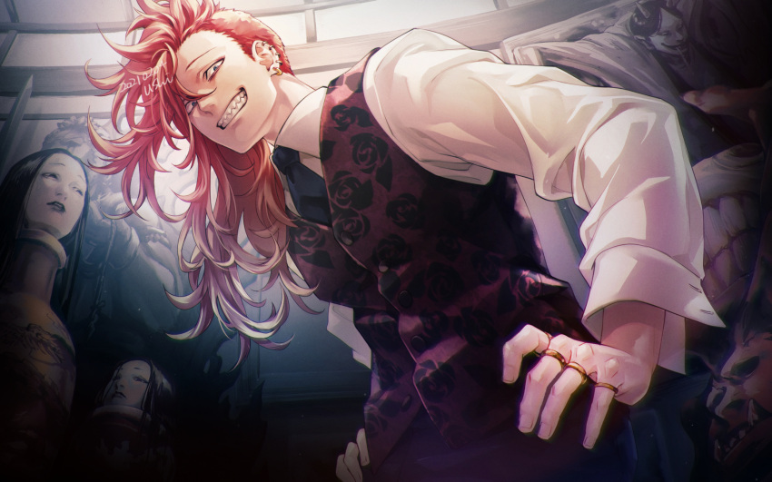 1boy akari_doppo ayashimon blue_eyes dated decapitation ear_piercing floral_print grin highres indoors jewelry long_hair long_sleeves looking_at_viewer multiple_rings piercing red_eyes red_hair ring rose_print sharp_teeth shirt skull smile standing teeth ushi_424 vest white_shirt