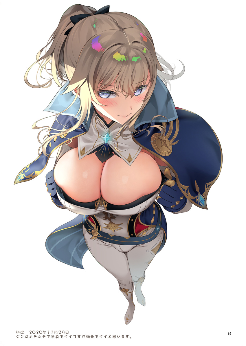 1girl asahina_hikage belt blonde_hair blue_eyes blush boots bow breasts capelet cleavage closed_mouth full_body genshin_impact gloves gold_trim hair_bow hands_up highres jean_(genshin_impact) knee_boots large_breasts lips long_hair looking_at_viewer page_number pants ponytail shiny_skin simple_background skin_tight white_background white_pants