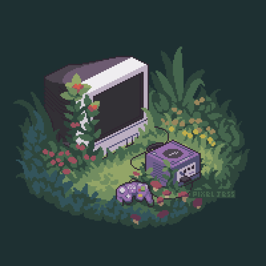 animated animated_gif artist_name controller crt flower game_console game_controller gamecube gamecube_controller gamepad grass green_background green_theme highres isometric nintendo outdoors pixel_art pixel_jess red_flower signature static still_life television yellow_flower