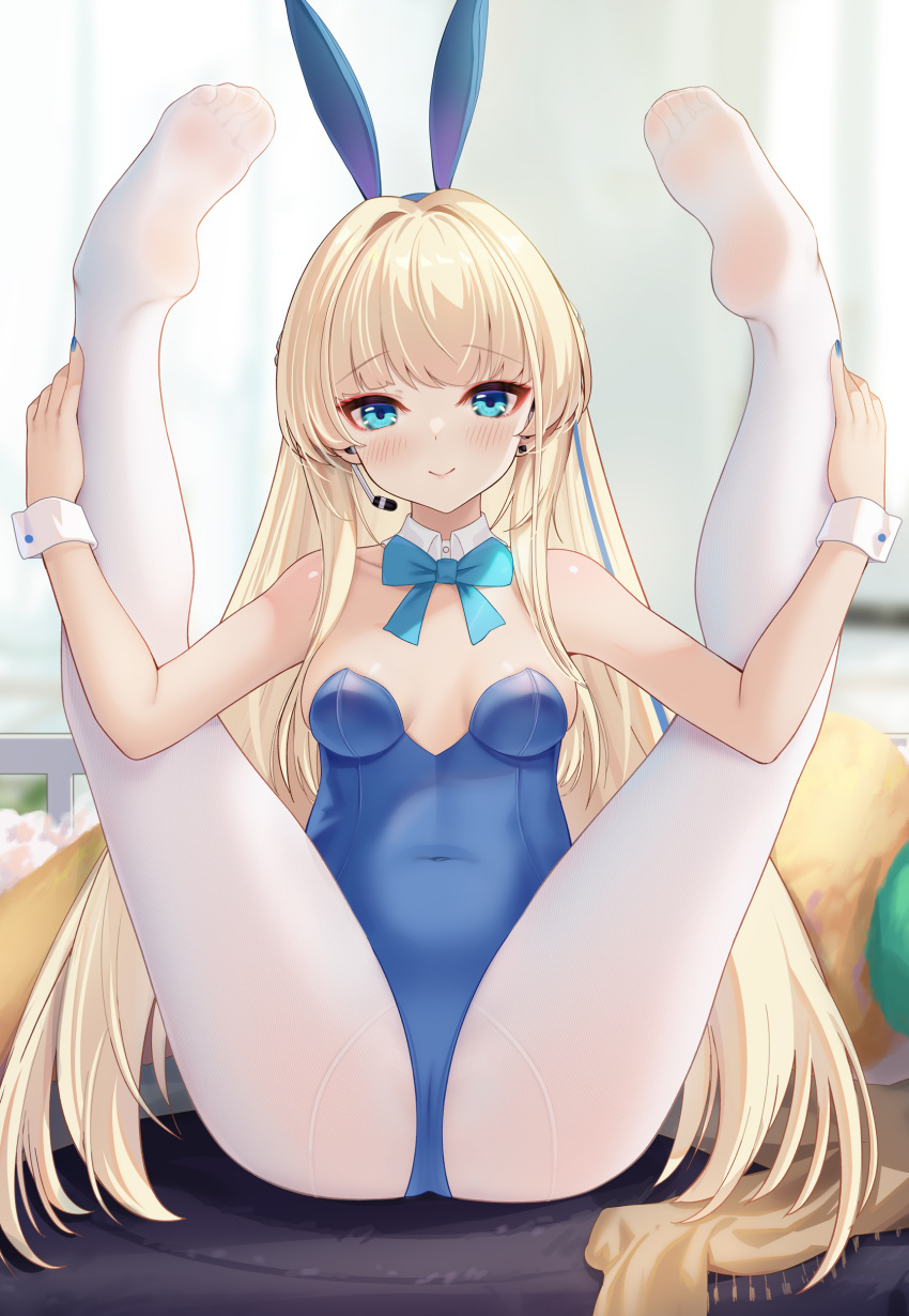 1girl absurdres animal_ears blonde_hair blue_archive blue_eyes blue_leotard bow bowtie breasts detached_collar fake_animal_ears halo highres hong_bai legs_up leotard long_hair looking_at_viewer medium_breasts multicolored_hair official_alternate_costume pantyhose playboy_bunny rabbit_ears smile solo strapless strapless_leotard streaked_hair toki_(blue_archive) toki_(bunny)_(blue_archive) very_long_hair white_pantyhose wrist_cuffs