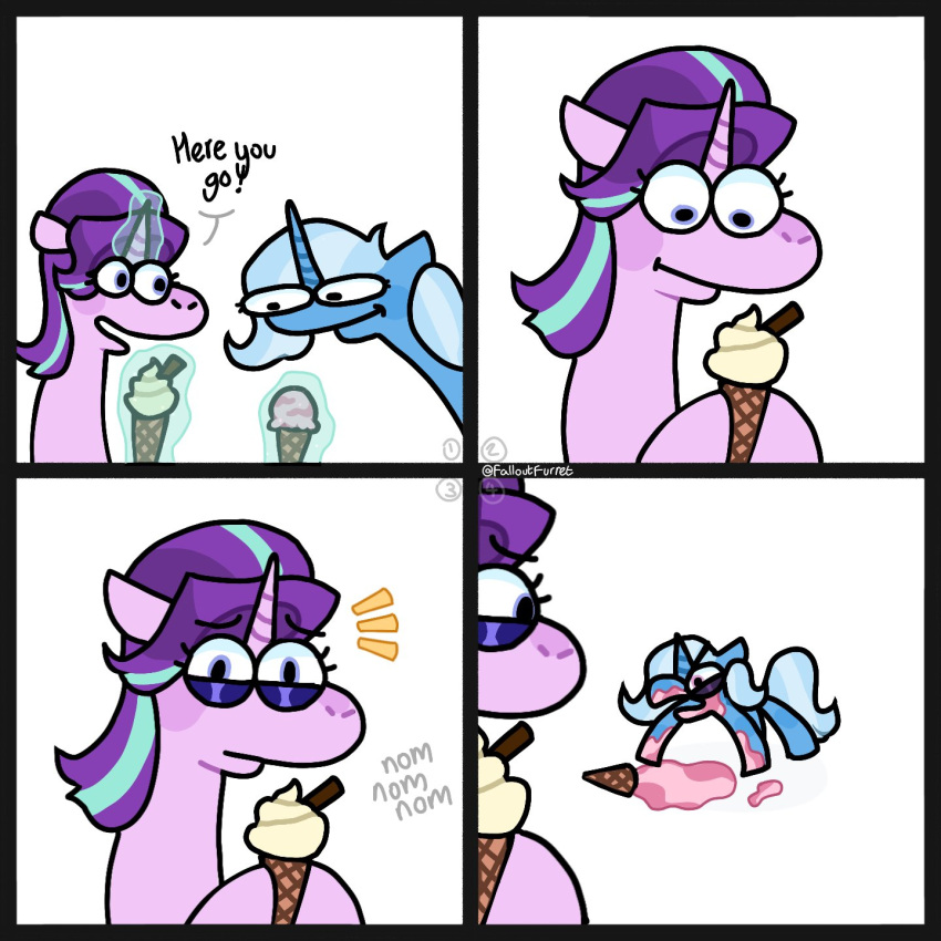 comic dessert dialogue eating english_text fallout_furret female feral food friendship_is_magic hasbro hi_res humor ice_cream ice_cream_cone my_little_pony nom_(sound_effect) starlight_glimmer_(mlp) text trixie_(mlp) worried