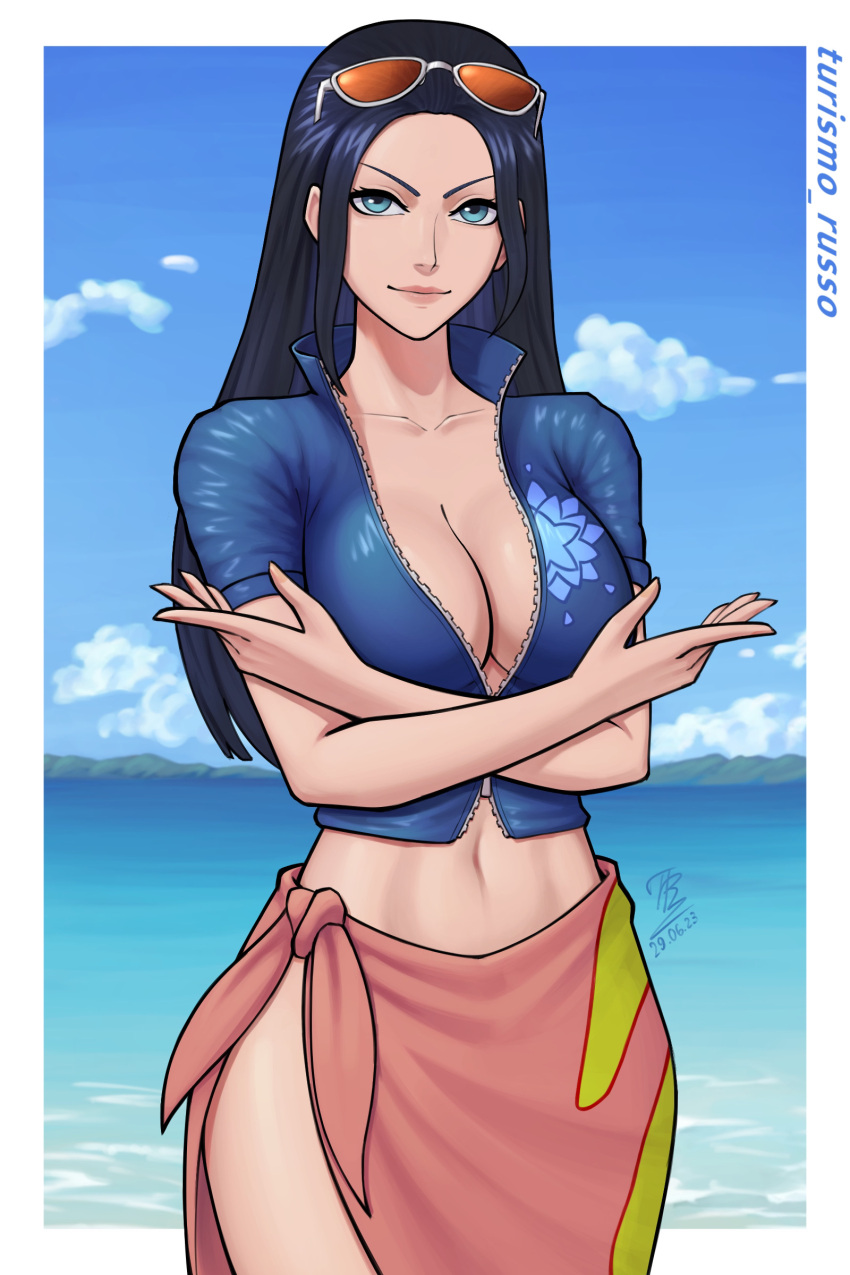 1girl 2023 absurdres artist_name black_hair blue_eyes border breasts cleavage cloud collarbone crop_top crossed_arms dated highres large_breasts light_smile long_hair navel nico_robin ocean one_piece sarong signature sky smile solo sunglasses turismo_russo white_border