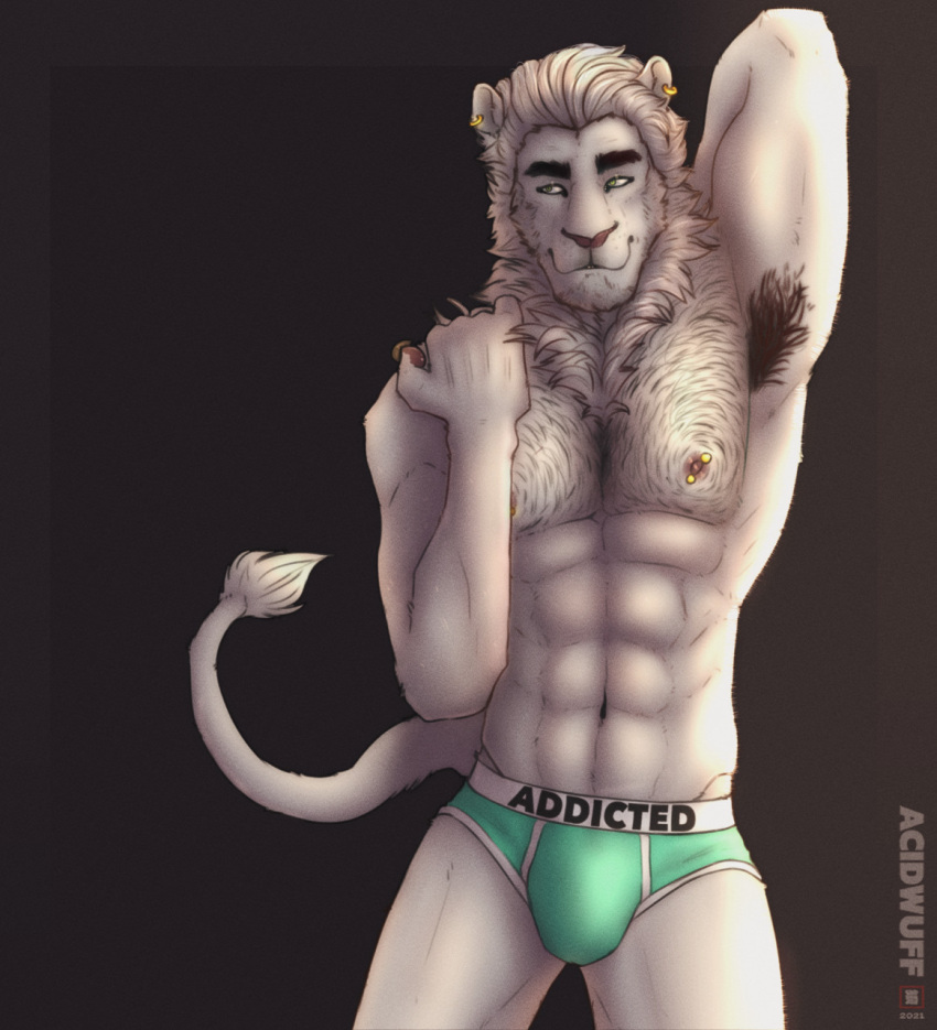 abs acidwuff anthro armpit_hair artist_name barbell_piercing blue_clothing blue_underwear body_hair bulge clothing ear_piercing ear_ring felid front_view fur green_eyes hi_res lion looking_aside male mammal mane navel nipple_barbell nipple_piercing nipples pantherine piercing portrait pose ring_piercing solo three-quarter_portrait underwear white_body white_fur white_mane