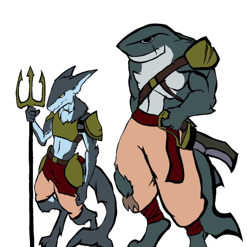 absurd_res anthro armor biohound bovid bovine cattle clothing duo fan_character gladiator hi_res mako male mammal melee_weapon polearm rokea sergal sword torn_clothing trident warrior weapon worldbuilding