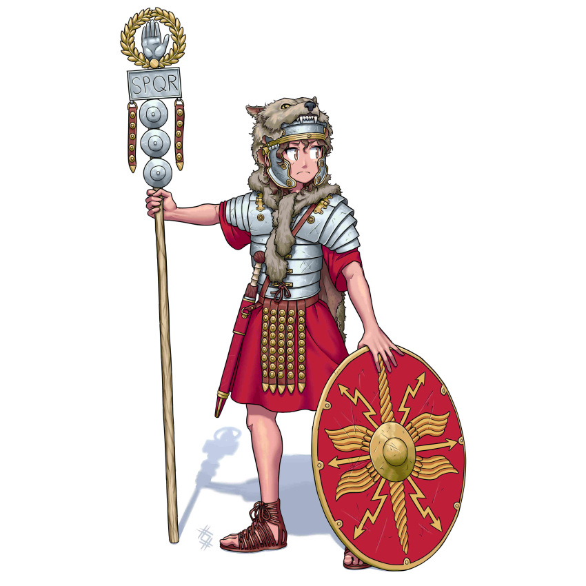 absurdres battle_standard gladius greco-roman_clothes highres looking_to_the_side ostwindprojekt pelt roman_armor roman_clothes roman_empire shield standard_bearer wolf_pelt