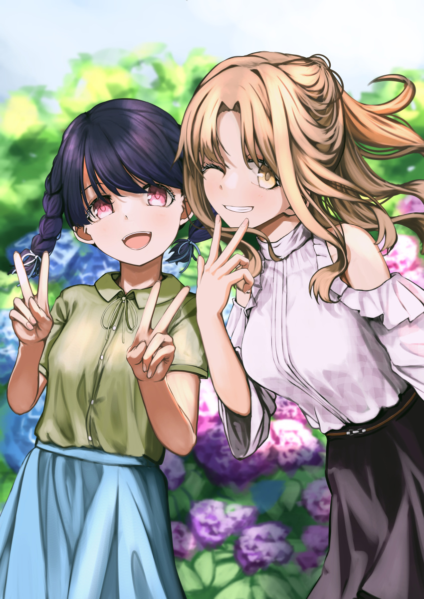 2girls absurdres black_hair black_skirt blue_skirt braid brown_eyes brown_hair clearline commentary_request double_v flower fukumaru_koito green_shirt grin highres ichikawa_hinana idolmaster idolmaster_shiny_colors long_hair looking_at_viewer multiple_girls off-shoulder_shirt off_shoulder one_eye_closed open_mouth ponytail purple_eyes shirt short_sleeves skirt smile swept_bangs twin_braids twintails v wide_sleeves