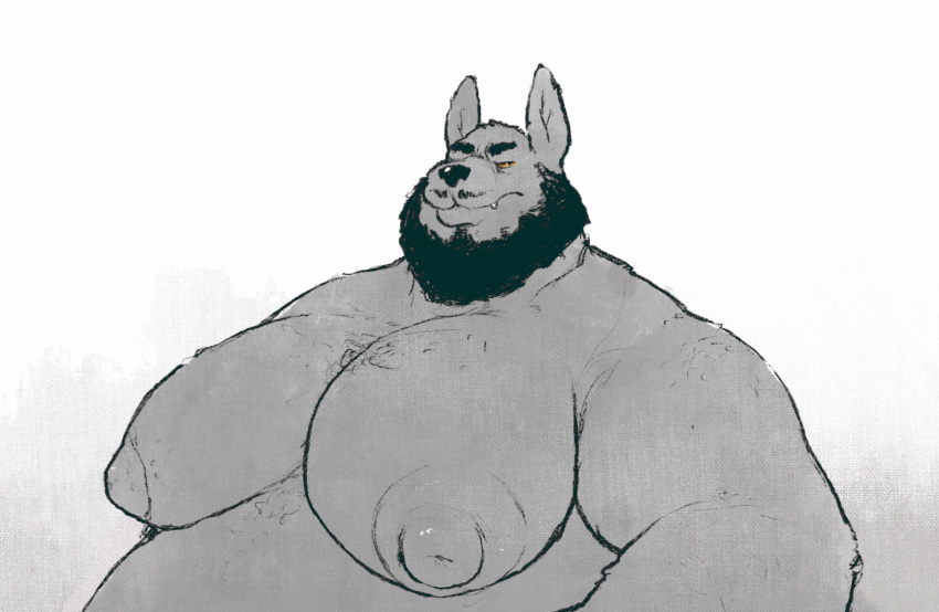 anthro beard big_moobs canid canine canis crimetxt facial_hair hi_res male mammal moobs nipples obese obese_anthro obese_male overweight overweight_anthro overweight_male solo wolf yellow_eyes