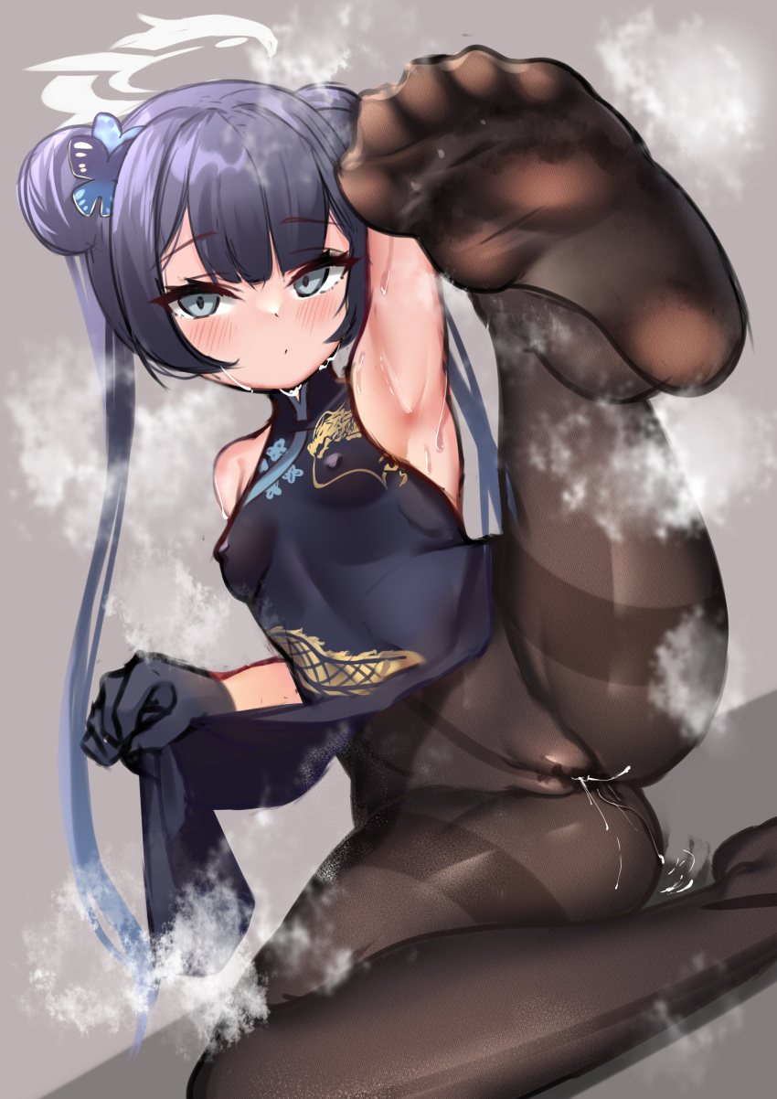 1girl absurdres arm_up armpits bare_shoulders black_dress black_gloves black_hair blue_archive blush breasts brown_pantyhose butterfly_hair_ornament china_dress chinese_clothes closed_mouth clothes_lift commentary_request covered_nipples dot_mouth dot_nose double_bun dragon_print dress expressionless feet foot_focus foreshortening gloves grey_background grey_eyes hair_bun hair_ornament halo highres kisaki_(blue_archive) leg_up long_hair looking_at_viewer mashiropp pantyhose pelvic_curtain pelvic_curtain_lift pussy_juice pussy_juice_puddle simple_background sleeveless sleeveless_dress small_breasts soles solo steaming_body sweat