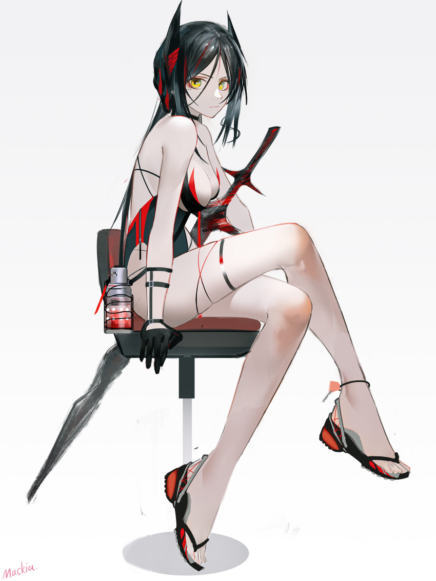 1girl absurdres arknights black_gloves black_hair breasts chair cleavage crossed_legs demon_horns full_body gloves highres horns ines_(arknights) large_breasts long_hair looking_at_viewer mackia sandals simple_background sitting solo swimsuit white_background yellow_eyes