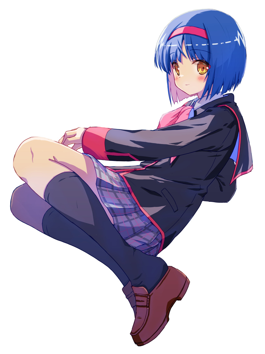 1girl absurdres akayama_yukihe black_jacket black_socks blue_hair blush bob_cut bow brown_footwear closed_mouth commentary_request eyes_visible_through_hair full_body grey_skirt hair_between_eyes hairband highres jacket kneehighs legs_together little_busters! loafers long_sleeves looking_at_viewer miniskirt nishizono_mio pink_bow plaid plaid_skirt pleated_skirt red_hairband school_uniform shoes short_hair simple_background sitting skirt smile socks solo white_background yellow_eyes