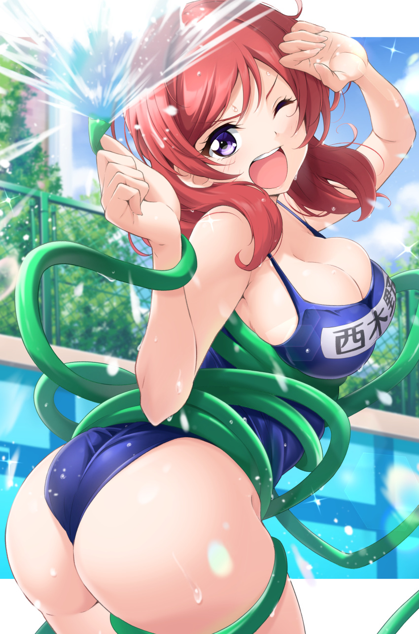 1girl absurdres ass blue_one-piece_swimsuit breasts cleavage commission empty_pool entangled highres holding holding_hose hose kirisaki_reina large_breasts looking_at_viewer looking_back love_live! love_live!_school_idol_project name_tag nishikino_maki one-piece_swimsuit one_eye_closed open_mouth pool purple_eyes red_hair school_swimsuit short_hair skeb_commission solo spraying swimsuit water