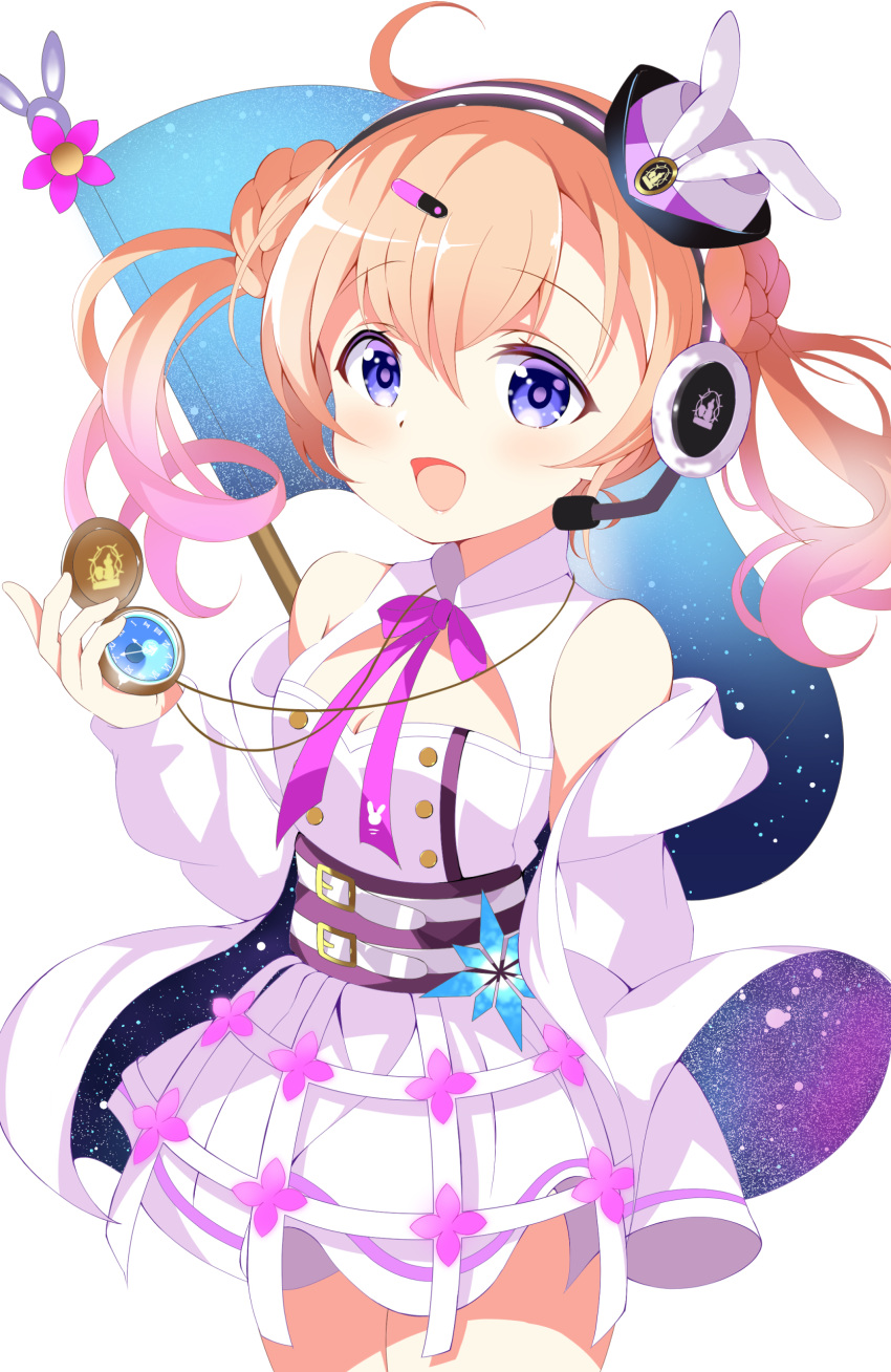 1girl absurdres alternate_costume alternate_hairstyle bare_shoulders dress gochuumon_wa_usagi_desu_ka? headset highres holding holding_pocket_watch hoto_cocoa long_hair looking_at_viewer open_mouth orange_hair pocket_watch purple_eyes sakaki333 short_dress simple_background smile solo standing twintails watch white_background