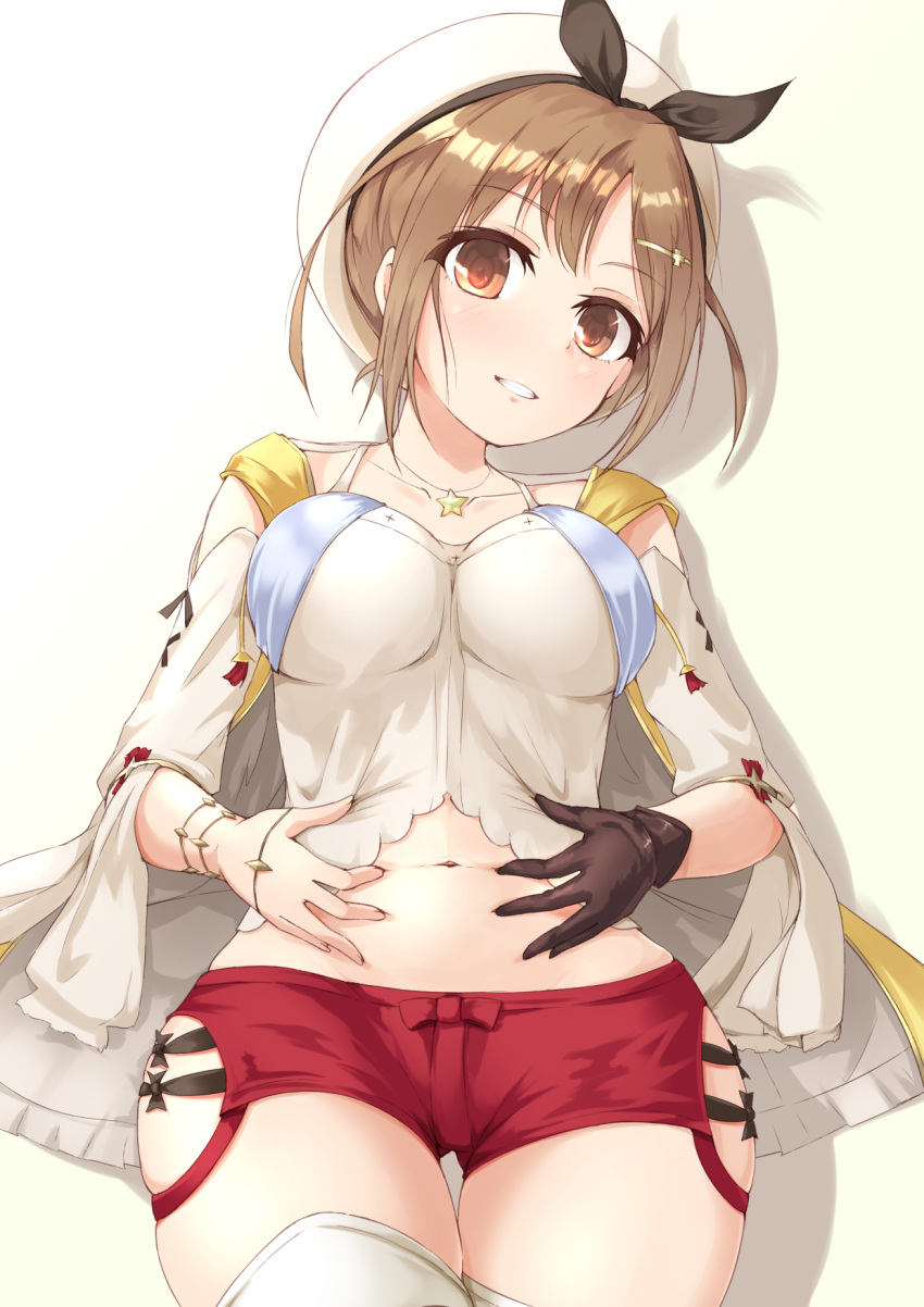 1girl atelier_(series) atelier_ryza atelier_ryza_1 black_hairband bow_hairband bracelet breasts brown_eyes brown_gloves brown_hair commentary_request cowboy_shot detached_sleeves gloves hair_ornament hairband hairclip highres jacket jewelry kuro_(be_ok) large_breasts looking_at_viewer midriff navel necklace partial_commentary red_shorts reisalin_stout shirt short_hair short_shorts shorts single_glove sleeveless sleeveless_jacket sleeveless_shirt smile solo star_(symbol) star_necklace thighhighs thighs white_background white_headwear white_shirt white_sleeves white_thighhighs yellow_jacket