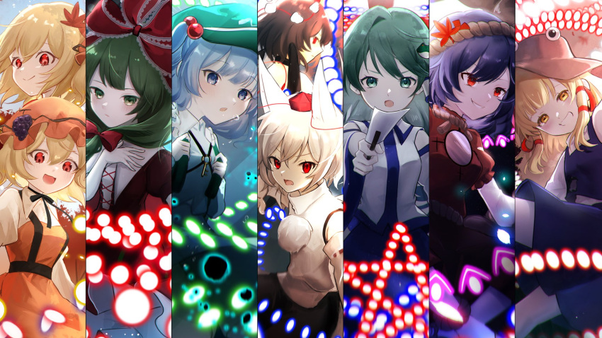 6+girls aki_minoriko aki_shizuha animal_ears black_hair blonde_hair blue_eyes blue_hair blush bow brown_headwear closed_mouth danmaku flat_cap frilled_bow frilled_ribbon frills frog_hair_ornament fruit_hat_ornament grape_hat_ornament green_eyes green_hair green_headwear hair_between_eyes hair_bobbles hair_bow hair_ornament hair_ribbon hat hat_ornament highres inubashiri_momiji kagiyama_hina kawashiro_nitori kochiya_sanae leaf_hair_ornament long_hair mob_cap moriya_suwako mountain_of_faith multiple_girls open_mouth pom_pom_(clothes) purple_hair red_bow red_eyes red_headwear red_ribbon ribbon rokuya_(68_zusao) shameimaru_aya short_hair siblings sisters smile smirk tokin_hat touhou tress_ribbon two_side_up white_hair wolf_ears yasaka_kanako yellow_eyes