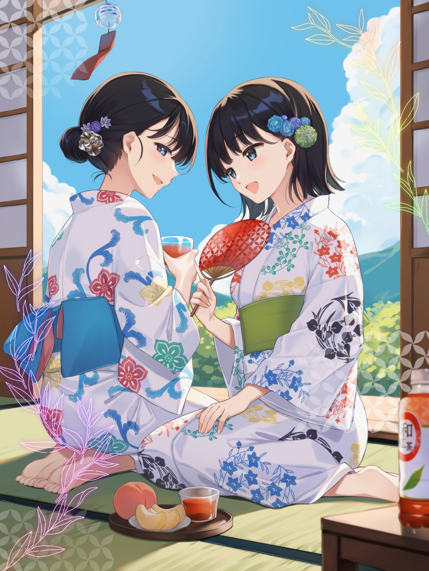 2girls absurdres black_hair blue_eyes blue_sky citron_82 cloud floral_print flower hair_bun hair_flower hair_ornament hand_fan highres japanese_clothes kimono kneeling medium_hair multiple_girls obi original sash sky smile tatami wind_chime yukata