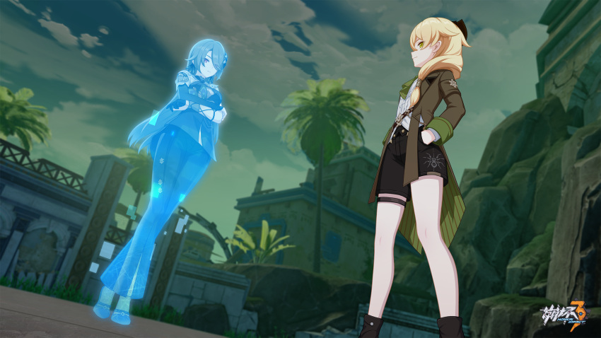 1boy 1girl black_footwear black_shorts blonde_hair chinese_commentary cloud cloudy_sky crossed_arms full_body highres honkai_(series) honkai_impact_3rd james_moriarty_(honkai_impact) logo long_sleeves looking_at_viewer official_art official_wallpaper outdoors shorts sky standing thigh_strap tree vita_(honkai_impact)