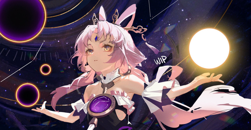 1girl bare_shoulders black_sun bow-shaped_hair constellation daniel_deng detached_sleeves forehead_jewel fu_xuan_(honkai:_star_rail) hair_ornament highres long_hair low_twintails pink_hair solo sun twintails very_long_hair yellow_eyes