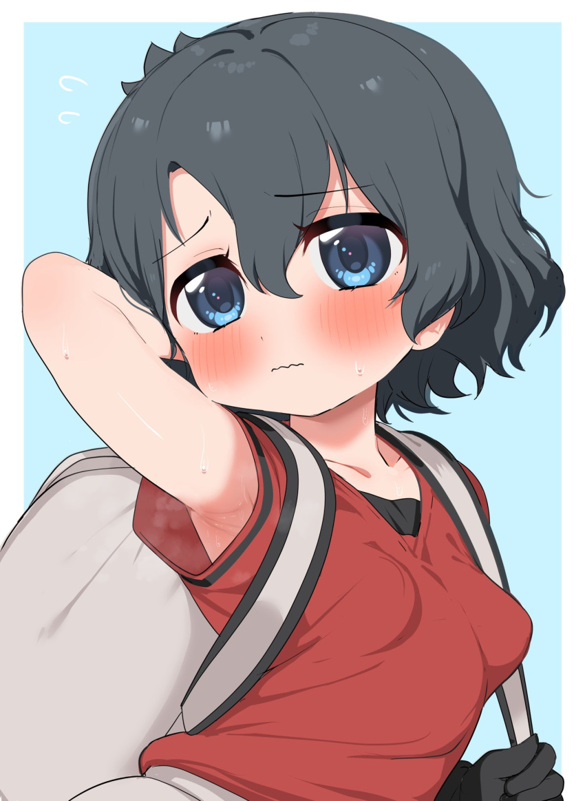 1girl arm_behind_head arm_up armpits backpack bag black_hair blue_eyes blush breasts gloves highres kaban_(kemono_friends) kemono_friends looking_at_viewer presenting_armpit ransusan red_shirt shirt short_hair small_breasts solo wavy_mouth