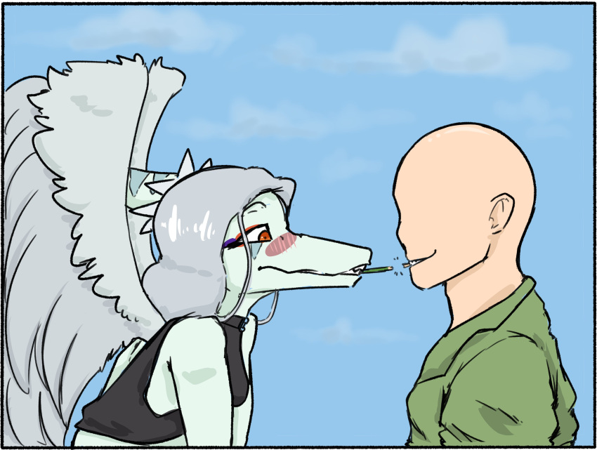 absurd_res anon_(snoot_game) anthro bald blush clothed clothing dinosaur duo fang_(gvh) feathered_wings feathers featureless_face female food goodbye_volcano_high hair hi_res human iandragonlover long_hair long_snout male mammal pocky pocky_game pocky_in_mouth pterodactylus pterosaur reptile scalie side_view silver_hair snoot_game_(fan_game) snout wings