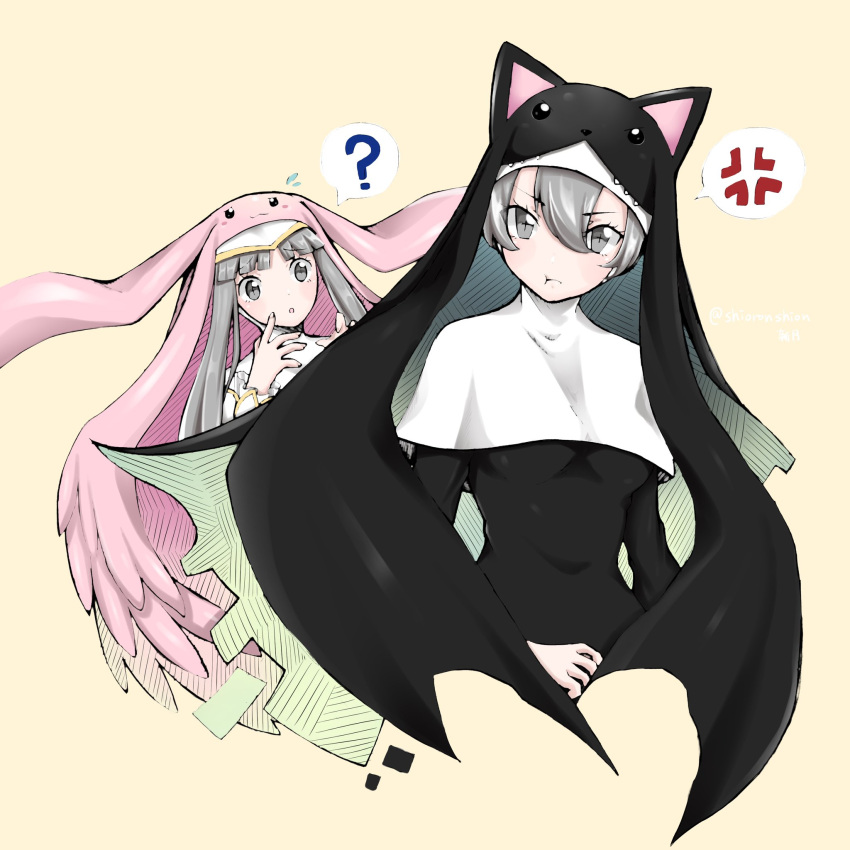 2girls ? anger_vein animal_hood cat digimon digimon_(creature) grey_eyes hat highres hood multiple_girls nun rabbit shioronshion simple_background sistermon_blanc sistermon_noir speech_bubble spoken_anger_vein upper_body white_hair yellow_background