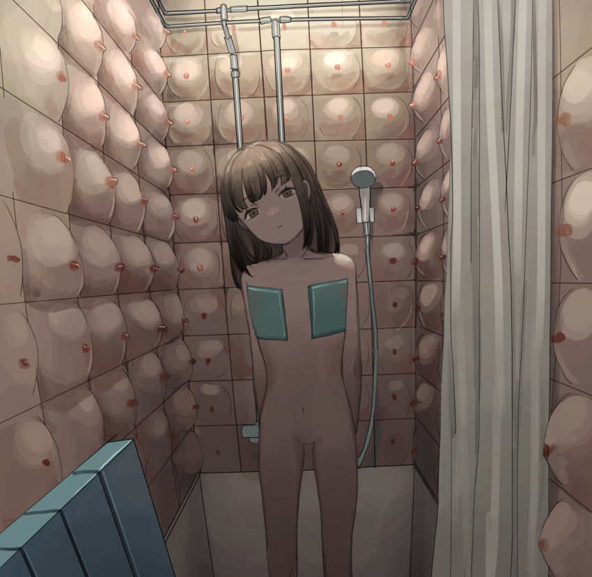 1girl arms_behind_back breasts brown_eyes brown_hair closed_mouth collarbone curtains dot_nose head_tilt large_breasts looking_at_viewer medium_hair navel nude original shower_(place) shower_head solo standing surreal tensen_(tfmw5884) tiles too_many
