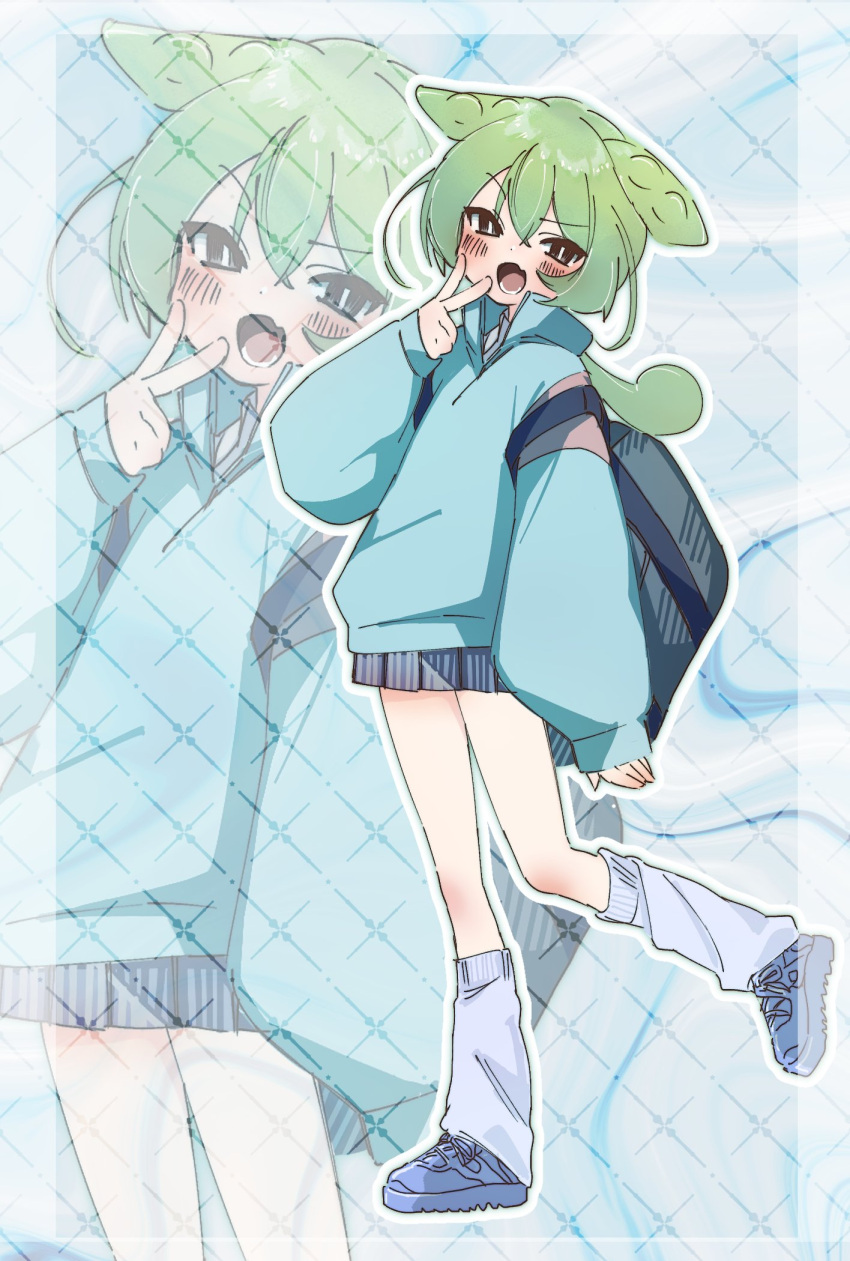 1girl alternate_costume bag black_eyes blue_jacket blue_skirt blush bright_pupils commentary_request fang green_hair grid_background half-closed_eyes hand_up high_collar highres jacket leg_warmers long_hair long_sleeves low_ponytail miniskirt okusuri_nometane open_mouth outline pea_pod pleated_skirt popped_collar puffy_long_sleeves puffy_sleeves raised_eyebrow school_bag shoes shoulder_bag skin_fang skirt slit_pupils sneakers standing standing_on_one_leg transparent_border tsurime v voicevox white_outline white_pupils zoom_layer zundamon