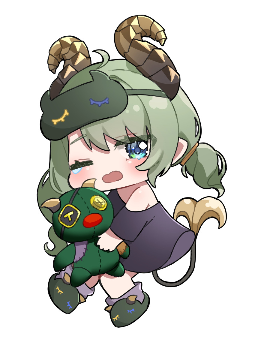 1girl absurdres ahoge black_shirt blue_eyes blush brown_horns chibi commentary curled_horns demon_girl demon_horns demon_tail full_body green_footwear grey_socks highres holding holding_stuffed_toy horns looking_at_viewer low_twintails medium_bangs medium_hair nanashi_inc. off_shoulder one_eye_closed open_mouth sekishiro_mico shirt simple_background sleep_mask slippers socks solo stuffed_demon stuffed_toy tail tamotsu_(mary) twintails virtual_youtuber white_background