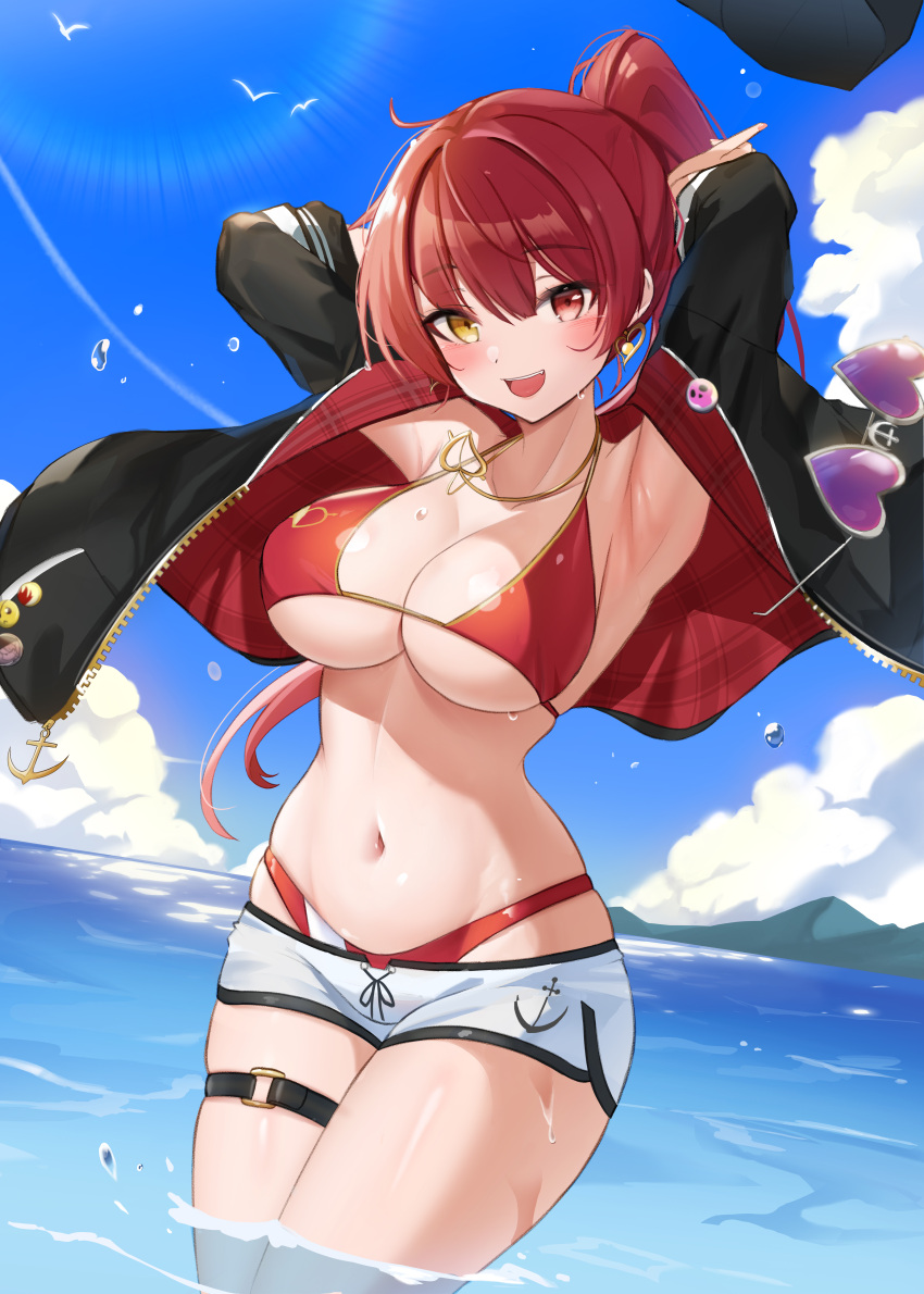 1girl absurdres armpits arms_behind_head arms_up b_grade bare_shoulders bikini black_jacket breasts cleavage commentary_request cowboy_shot day earrings gold_trim halterneck hat hat_removed headwear_removed heterochromia highres hololive houshou_marine houshou_marine_(4th_costume) jacket jewelry korean_commentary large_breasts long_hair long_sleeves looking_at_viewer micro_shorts navel necklace off_shoulder open_clothes open_jacket open_mouth outdoors ponytail red_bikini red_eyes red_hair shorts skindentation smile solo standing stomach string_bikini swimsuit thigh_strap thighs virtual_youtuber wading water wet white_shorts yellow_eyes