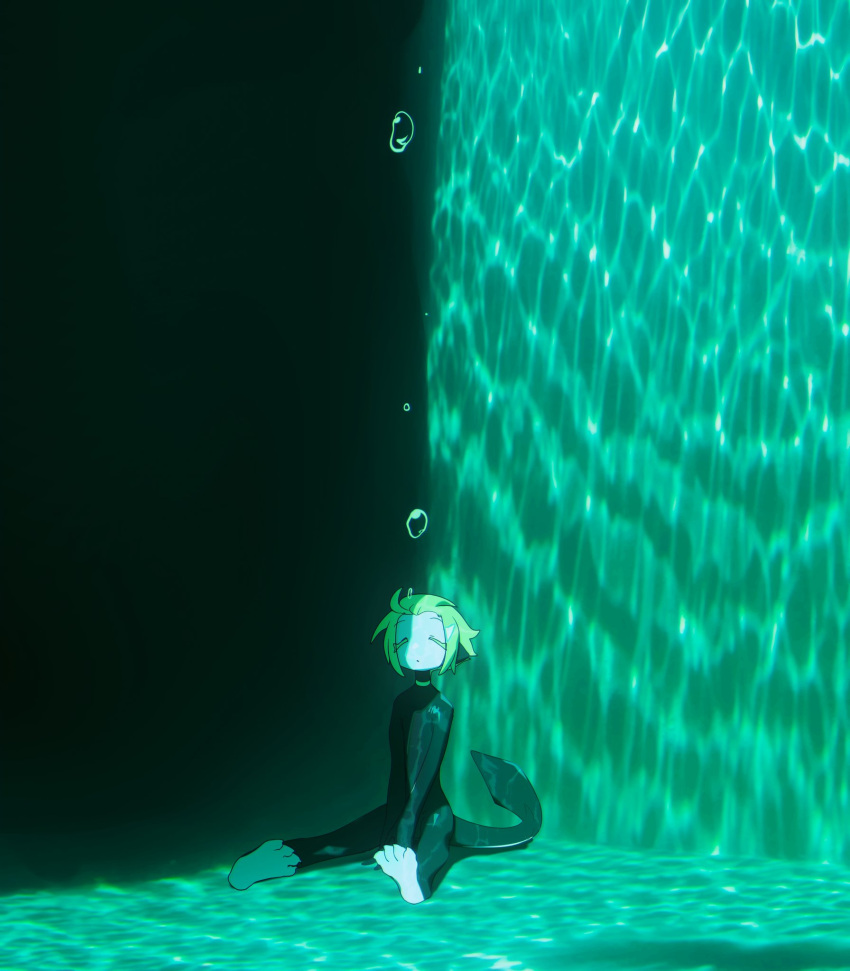 1girl between_legs black_skin bubble closed_eyes colored_skin full_body green_hair hand_between_legs highres monster_girl original photo_background short_hair sio_(fireflufferz) sitting solo tail underwater water white_skin