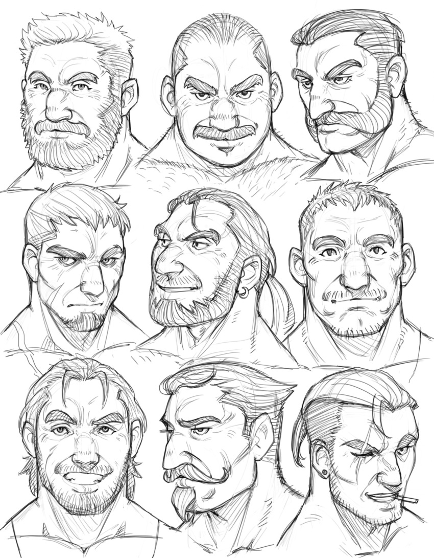 6+boys bara beard cigarette collage cropped_shoulders facial_hair frown greyscale growlygruntz hairy highres how_to large_pectorals male_focus monochrome multiple_boys muscular muscular_male mustache old old_man original pectorals scar scar_across_eye short_hair sketch smile stubble thick_eyebrows undercut wrinkled_skin
