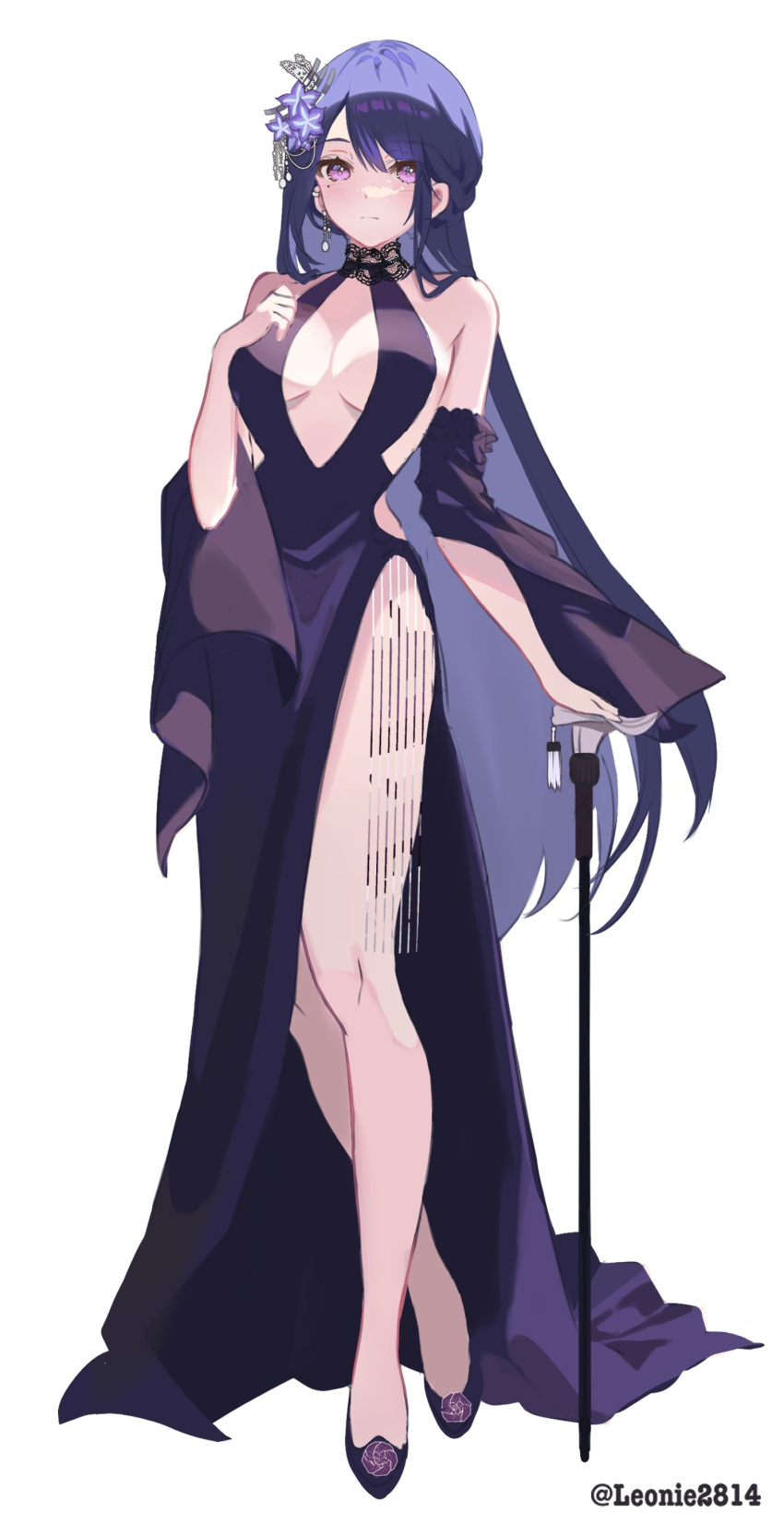 1girl absurdres alternate_costume bare_legs breasts cane cleavage closed_mouth dress evening_gown flower footwear_flower genshin_impact hair_flower hair_ornament highres large_breasts legs leonie28 long_hair looking_at_viewer purple_dress purple_eyes purple_footwear purple_hair raiden_shogun shawl side_slit simple_background solo twitter_username white_background