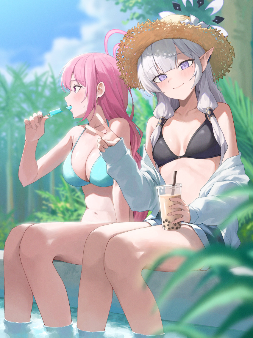 2girls absurdres alternate_costume aqua_bikini bikini black_bikini blue_archive blue_sky blunt_bangs blurry braid breasts bubble_tea cleavage cloud cloudy_sky collarbone commentary_request cup denim denim_shorts depth_of_field disposable_cup drinking_straw eimi_(blue_archive) food food_in_mouth grass hair_between_eyes hair_tubes halo hat head_tilt highres himari_(blue_archive) holding holding_cup holding_food holding_popsicle in_water knees_together_feet_apart large_breasts long_hair looking_at_viewer mole mole_under_eye multiple_girls navel outdoors parted_bangs pink_eyes pink_hair pointy_ears popsicle popsicle_in_mouth purple_eyes shirt short_shorts shorts sidelocks single_braid sitting sky sleeveless small_breasts stomach straw_hat sun_hat swimsuit tai_saka v white_hair white_shirt