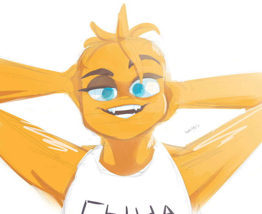 anthro avian bird chica_(fnaf) chicken colored_sketch eyebrows fangs female five_nights_at_freddy's galliform gallus_(genus) hand_on_head hi_res josh_hutcherson_whistle looking_at_viewer meme phasianid raised_eyebrow scottgames simple_background sketch solo teeth watashiao white_background