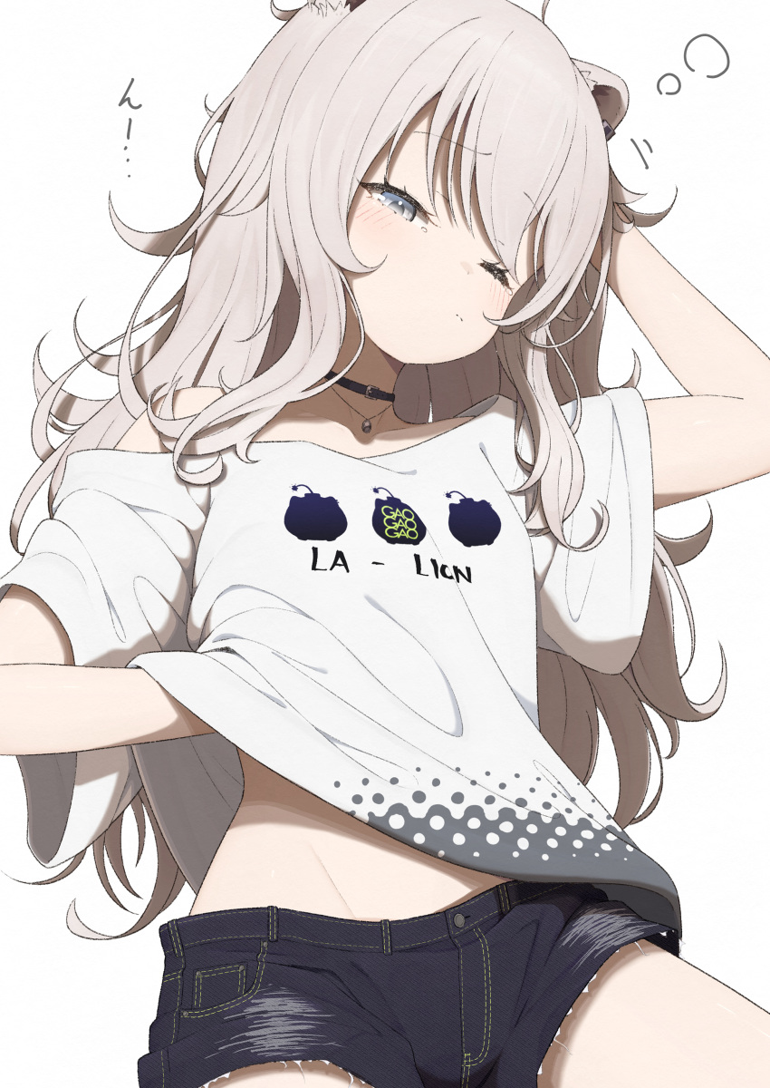 1girl absurdres aged_down animal_ears black_choker black_shorts choker closed_mouth clothes_writing collarbone commentary_request cowboy_shot denim denim_shorts ear_piercing half-closed_eye hand_in_own_hair hand_under_clothes hand_under_shirt highres hip_bones hololive jean_bart_(azur_lane) jean_bart_(private_apres_midi)_(azur_lane) jewelry light_blush lion_ears lion_girl looking_at_viewer lunch_boxer midriff necklace off_shoulder one_eye_closed partial_commentary piercing print_shirt shirt shishiro_botan shishiro_botan_(4th_costume) short_shorts short_sleeves shorts sidelocks simple_background single_bare_shoulder sleep_bubble sleepy solo ssrb_(shishiro_botan) swept_bangs t-shirt translated virtual_youtuber white_background white_shirt