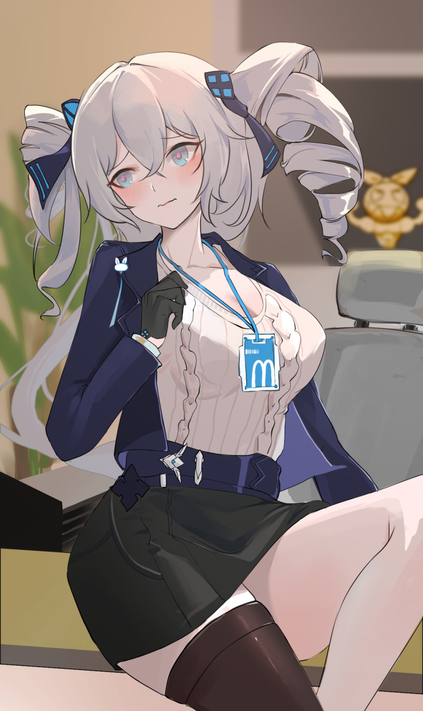 0066 1girl belt black_gloves black_skirt black_thighhighs blue_eyes blue_jacket blurry blurry_background blush breasts bronya_zaychik bronya_zaychik_(silverwing:_n-ex) chinese_commentary cleavage closed_mouth commentary_request drill_hair gloves grey_eyes grey_hair hair_between_eyes hair_ornament highres honkai_(series) honkai_impact_3rd id_card indoors jacket lanyard large_breasts long_hair long_sleeves looking_at_viewer office office_lady official_alternate_costume official_alternate_hairstyle pink_pupils shirt single_thighhigh sitting skirt solo sweater thighhighs twin_drills white_shirt