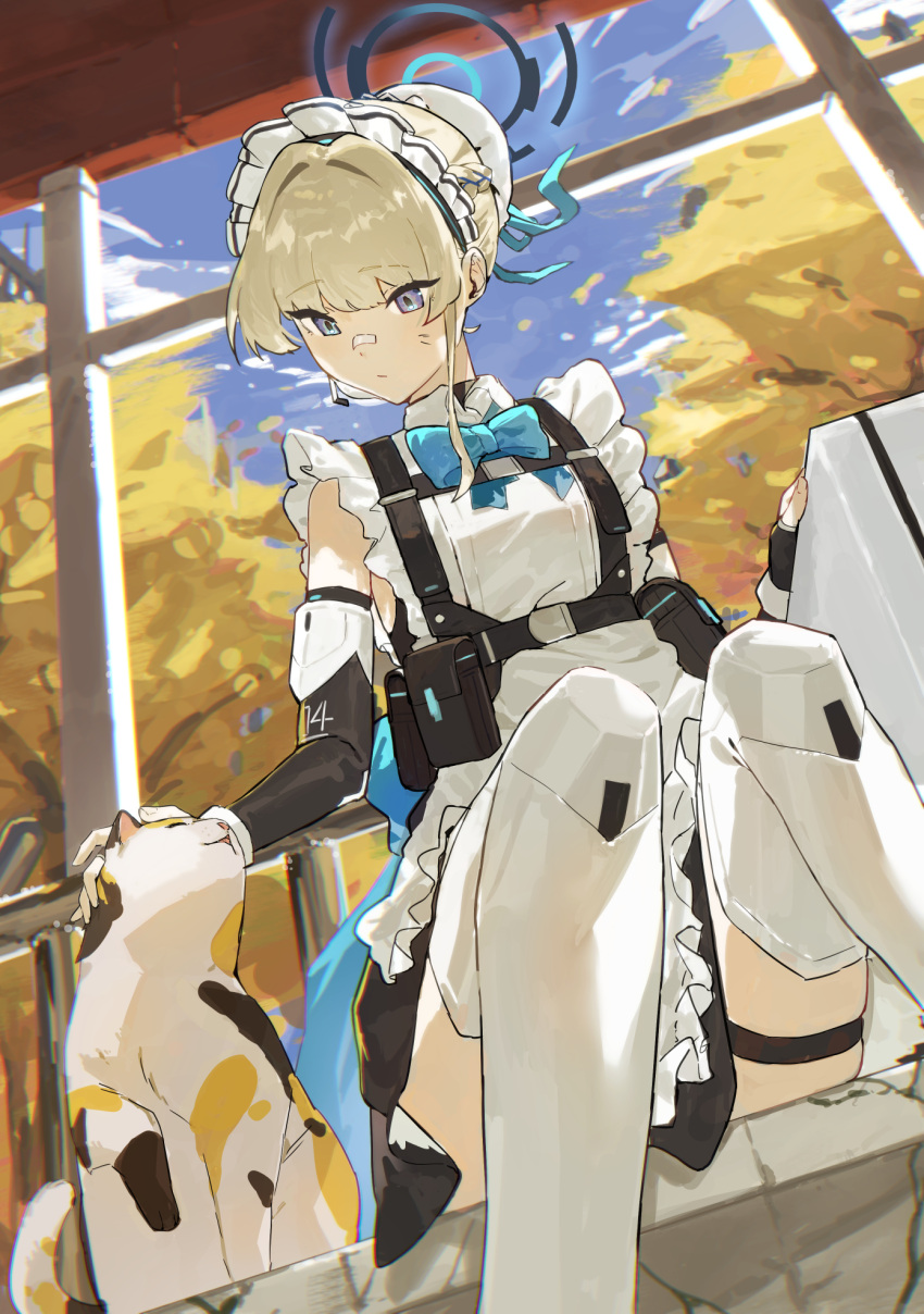 1girl ammunition_pouch animal apron armor black_skirt blonde_hair blue_archive blue_bow blue_bowtie blue_eyes blue_halo blue_ribbon blue_sky bow bowtie bun_cover cat chest_harness commentary detached_sleeves expressionless frilled_apron frills hair_bun hair_intakes halo harness highres knees_up leg_armor looking_at_another maid_apron maid_headdress mechanical_halo outdoors petting pouch ribbon single_hair_bun sitting sitting_on_bench skirt sky sleeveless symbol-only_commentary tactical_clothes thigh_strap thighhighs toki_(blue_archive) white_thighhighs yakihoko