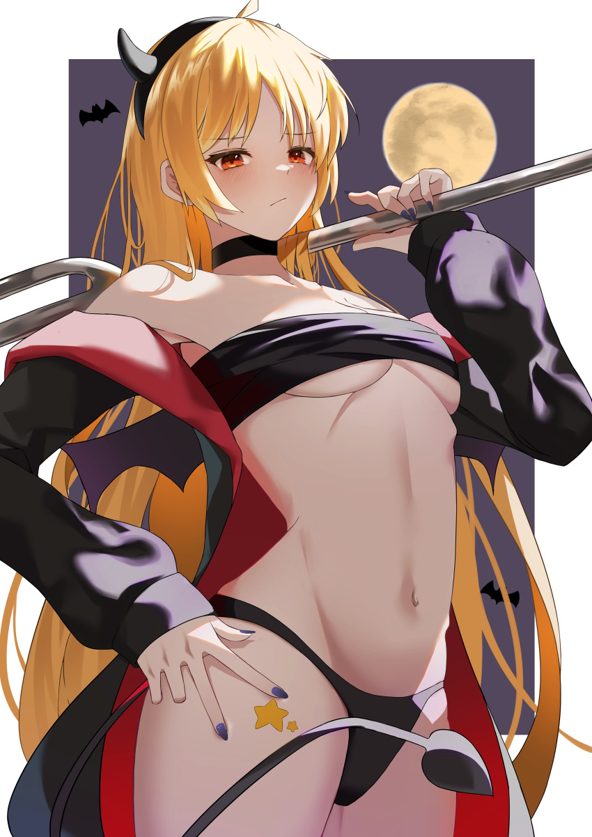 1girl absurdres ahoge bare_shoulders black_choker black_panties black_tube_top blonde_hair blush bocchi_the_rock! breasts cape choker cosplay demon_horns demon_tail demon_wings eyebrows_hidden_by_hair hairband halloween highres horns ijichi_seika long_hair long_sleeves looking_at_viewer medium_breasts midriff moon nail_polish navel nicoseiga_25253343 panties pitchfork red_eyes sleeves_past_wrists solo star_(symbol) strapless tail tube_top underboob underwear wings