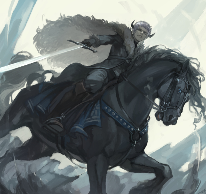 1boy black_gloves black_horns blue_eyes boots bridle cape day frown fur_cape gloves grey_eyes grey_hair holding holding_sword holding_weapon horns horse horseback_riding leon_the_southern_conquest_general long_sleeves male_focus nishiki_areku o-ring open_mouth outdoors pixiv_fantasia pixiv_fantasia_last_saga pointy_ears reins riding saddle solo sword weapon