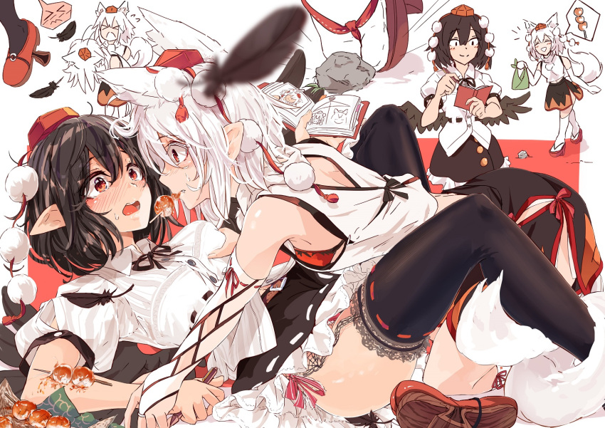 2girls accidental_pervert animal_ears black_hair black_thighhighs black_wings blush breasts food frilled_thighhighs frills garter_straps grabbing grabbing_another's_breast hat highres inubashiri_momiji kagami_toufu miniskirt mochi multiple_girls pom_pom_(clothes) shameimaru_aya shirt short_hair sideboob skirt tengu thighhighs tokin_hat touhou tripping white_hair white_shirt wings yuri