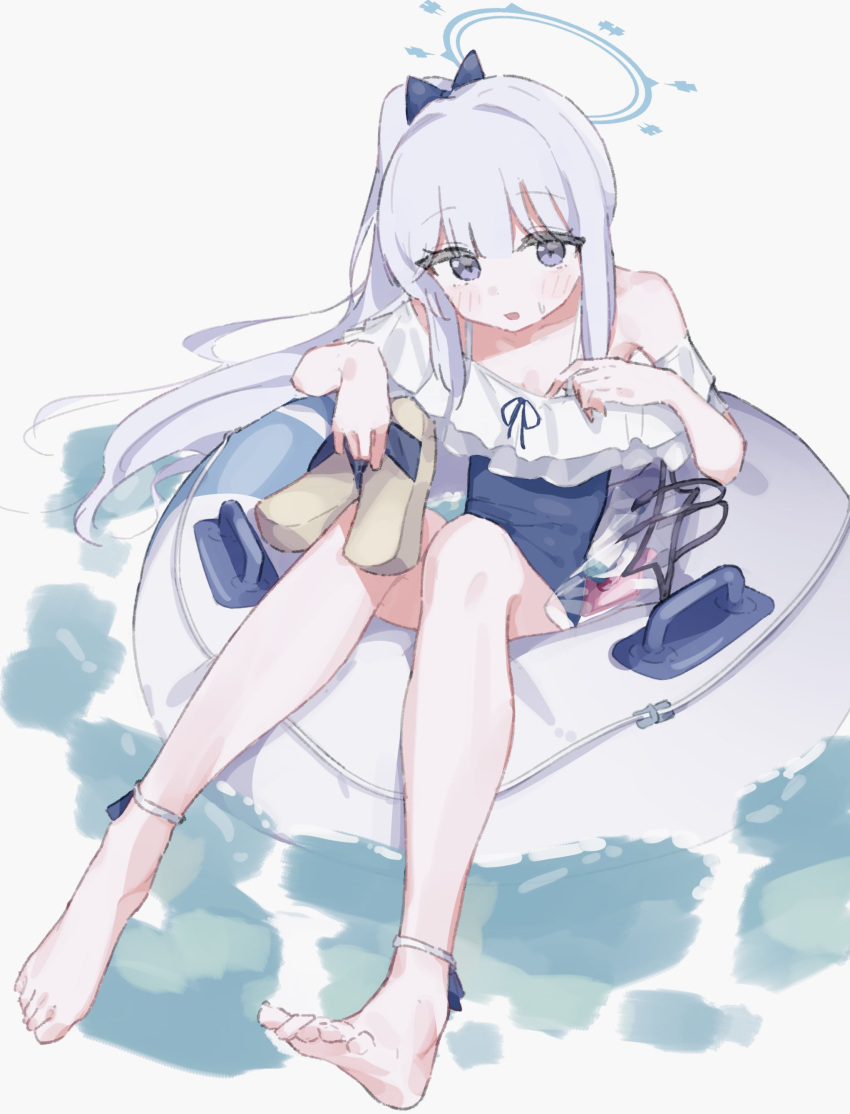 1girl absurdres barefoot blue_archive blue_one-piece_swimsuit blush bow epi_zero frilled_one-piece_swimsuit frills grey_hair hair_bow halo highres holding_sandals looking_at_viewer miyako_(blue_archive) miyako_(swimsuit)_(blue_archive) official_alternate_costume on_innertube one-piece_swimsuit side_ponytail solo swimsuit