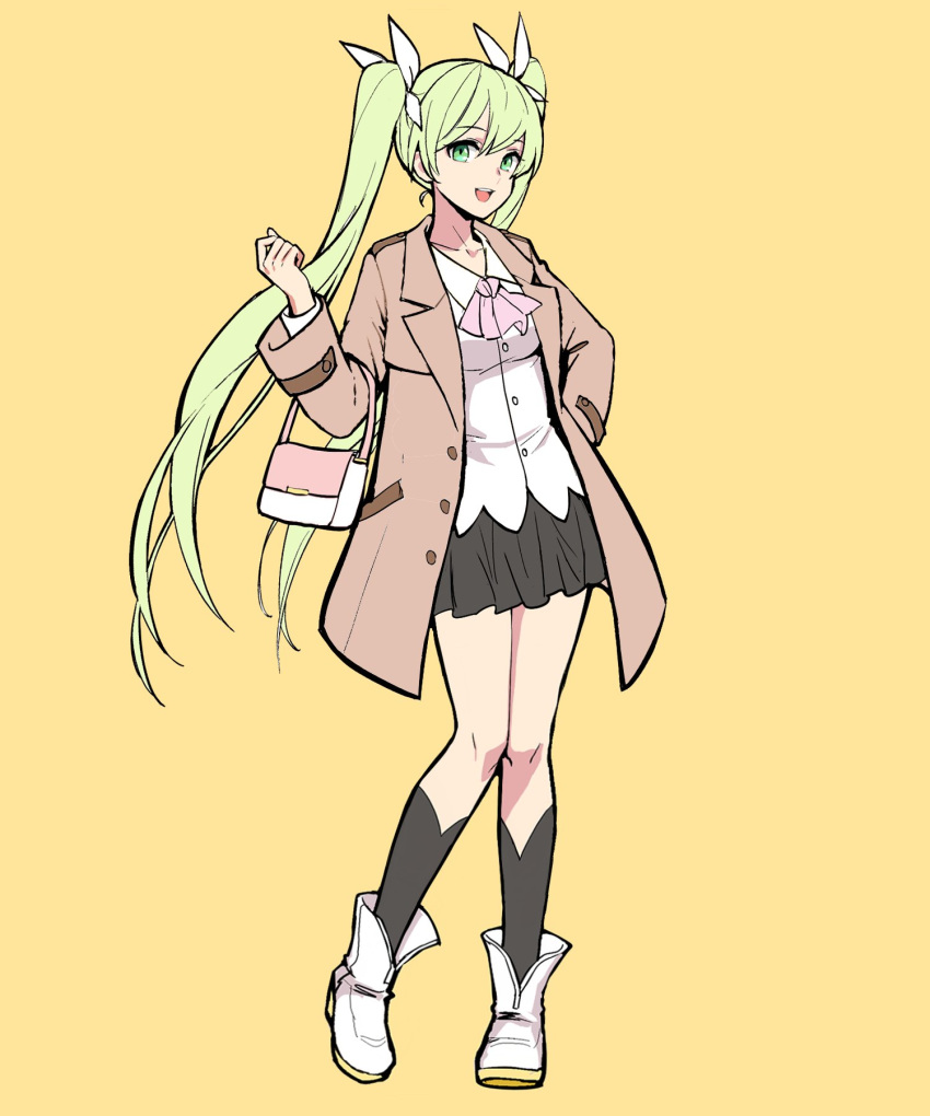 1girl alternate_costume ascot bag black_skirt black_socks boots brown_coat coat collared_shirt commentary_request frey_(rune_factory) full_body green_eyes green_hair hair_ribbon hand_on_own_hip hand_up highres kneehighs korean_commentary long_hair long_sleeves looking_at_viewer open_clothes open_coat open_mouth pink_ascot pleated_skirt ribbon rune_factory rune_factory_4 shirt skirt smile socks solo standing tb_(spr1110) twintails very_long_hair white_footwear white_shirt yellow_background