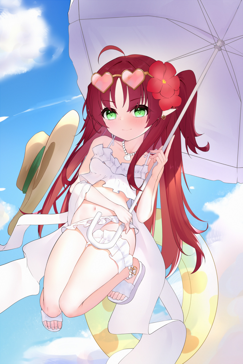 1girl ahoge arknights bikini blue_sky blush closed_mouth cloud commentary_request day flower frilled_bikini frills green_eyes hair_flower hair_ornament heart heart-shaped_eyewear highres holding holding_umbrella innertube long_hair myrtle_(arknights) myrtle_(summer_flowers)_(arknights) navel outdoors parted_bangs pink-tinted_eyewear pointy_ears red_flower red_hair sandals sky solo swimsuit tinted_eyewear transparent two_side_up umbrella very_long_hair white_bikini white_footwear white_umbrella zerotwenty_(020)