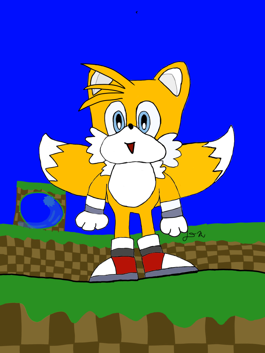 2_tails absurd_res canid canine clothing footwear fox fur green_hill_zone gynomorph hi_res intersex male mammal miles_prower multi_tail razzle_dazzler red_clothing red_footwear red_shoes sega shoes solo sonic_the_hedgehog sonic_the_hedgehog_(series) tail yellow_body yellow_fur