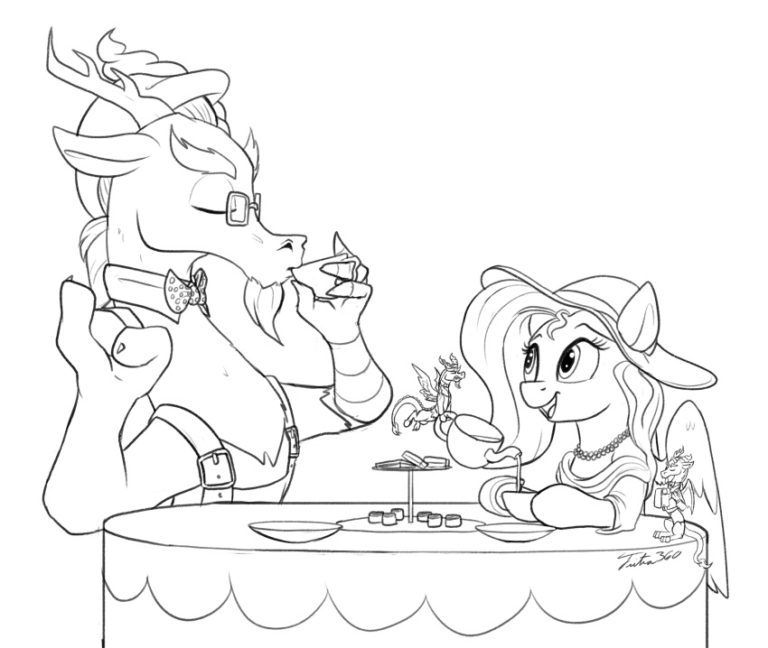 2019 2_horns 4_fingers anthro antlers beard beverage bow_tie chimera clothing container cup discord_(mlp) draconequus drinking duo equid equine eyewear facial_hair feathered_wings feathers female feral fingers fluttershy_(mlp) food friendship_is_magic fur furniture glasses hair hasbro hi_res horn jewelry long_hair male mammal monochrome my_little_pony necklace overalls pegasus sitting solo table tea tea_cup tsitra360 wings