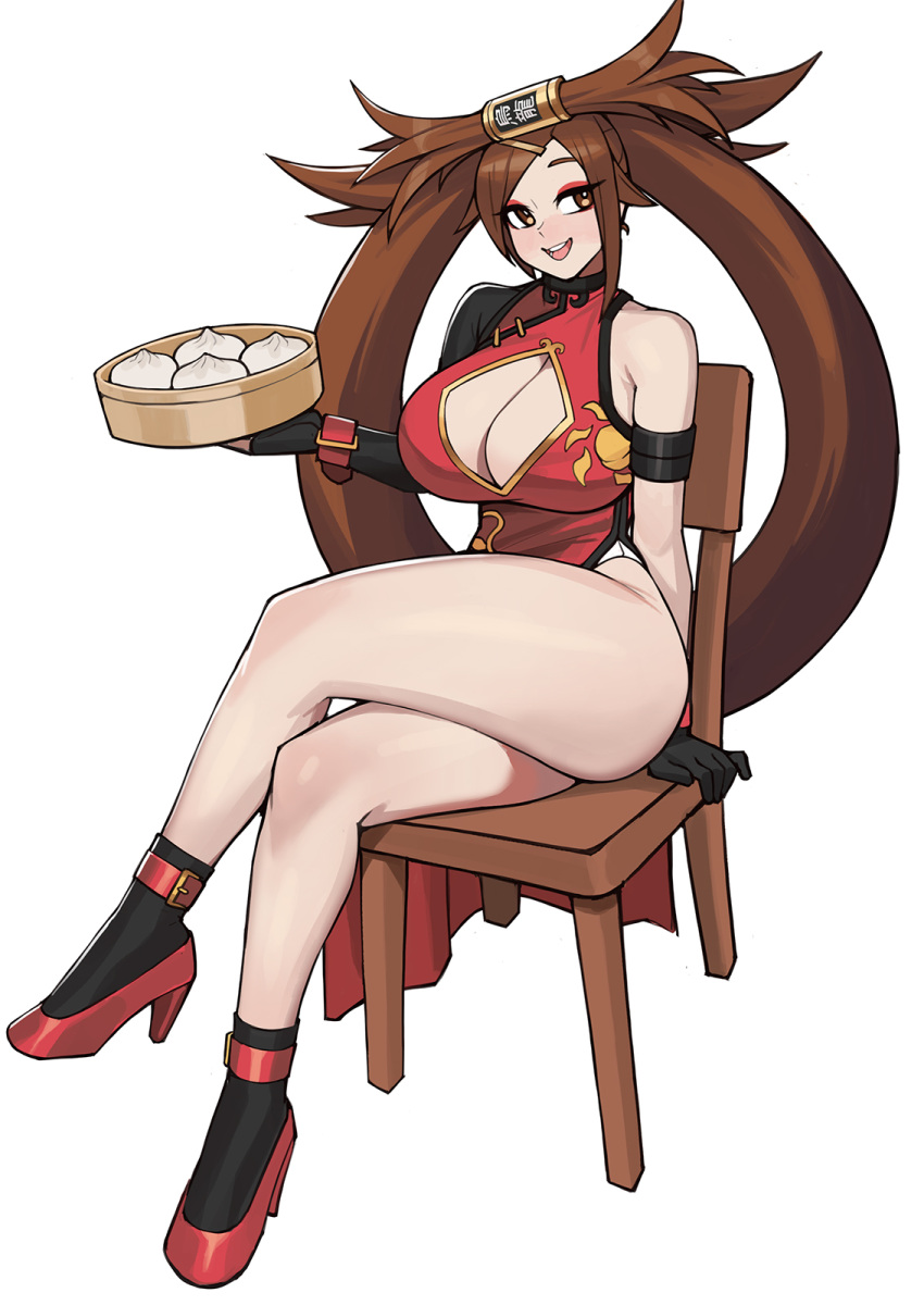 1girl arm_support asymmetrical_gloves bamboo_steamer baozi black_gloves breasts brown_eyes brown_hair chair china_dress chinese_clothes cleavage cleavage_cutout clothing_cutout commission crossed_legs donburi_(donburikazoku) dress eyeliner eyeshadow food full_body gloves guilty_gear hair_ornament hairclip high_heels highres holding kuradoberi_jam large_breasts long_hair looking_at_viewer makeup open_mouth red_eyeshadow red_footwear revealing_clothes side_slit simple_background single_bare_shoulder sitting solo thick_thighs thighs white_background