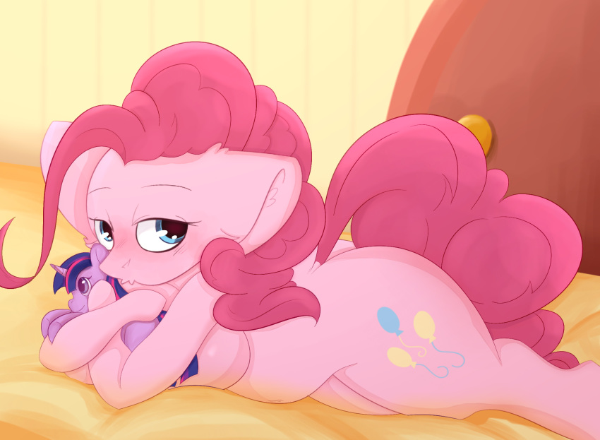 anthro anthrofied big_butt big_ears blue_eyes blush breast_squish breasts butt cutie_mark digital_media_(artwork) earth_pony embrace equid equine eventseem female friendship_is_magic fur hair hasbro hi_res horse hug inner_ear_fluff lying mammal my_little_pony on_front pink_body pink_fur pink_hair pink_tail pinkie_pie_(mlp) plushie pony solo squish tail thick_thighs tuft twilight_sparkle_(mlp)