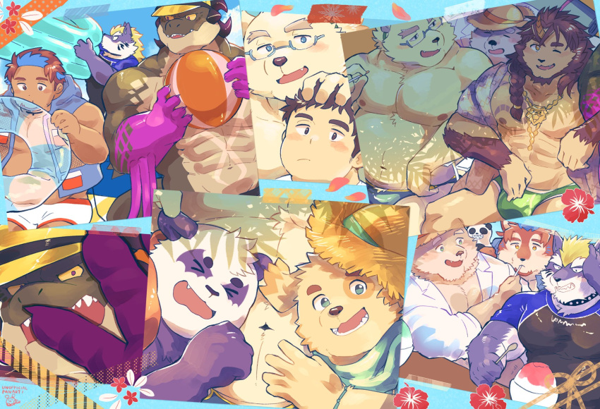 abs alp_(tas) anthro bear belly blue_body blue_fur brown_body brown_fur canid canine canis clothing cu_sith_(tas) domestic_dog felid fenrir_(housamo) flower fur giant_panda group hat headgear headwear hi_res hibiscus human jambavan leib_(tas) lifewonders lion male mammal muscular muscular_anthro muscular_male navel nipples one_eye_closed overweight pantherine pecs photo_collage plant polar_bear sawch_cls scalie smile speedo straw_hat swim_ring swimwear tokyo_afterschool_summoners ursine white_body white_fur wink wolf yellow_body yellow_fur yuma_(tas)