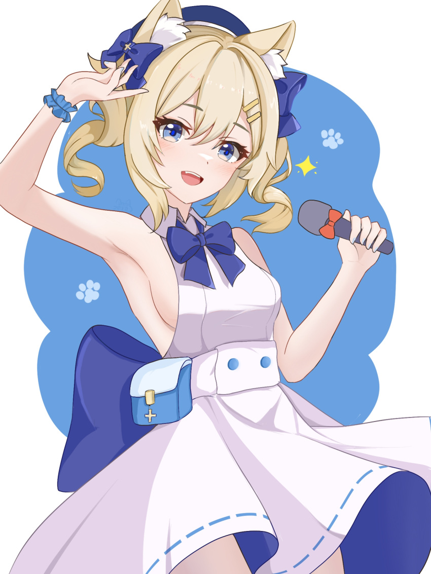 1girl alternate_costume animal_ear_fluff animal_ears arm_up armpits barbara_(genshin_impact) bare_arms bare_shoulders blonde_hair blue_eyes blue_headwear bow bowtie breasts cat_ears collared_dress cowboy_shot dress genshin_impact hair_bow hand_up hat highres holding holding_microphone kemonomimi_mode medium_breasts microphone open_mouth pouch scrunchie sideboob sleeveless sleeveless_dress smile solo standing twintails white_dress wrist_scrunchie zerosama_(user_tprp7225)