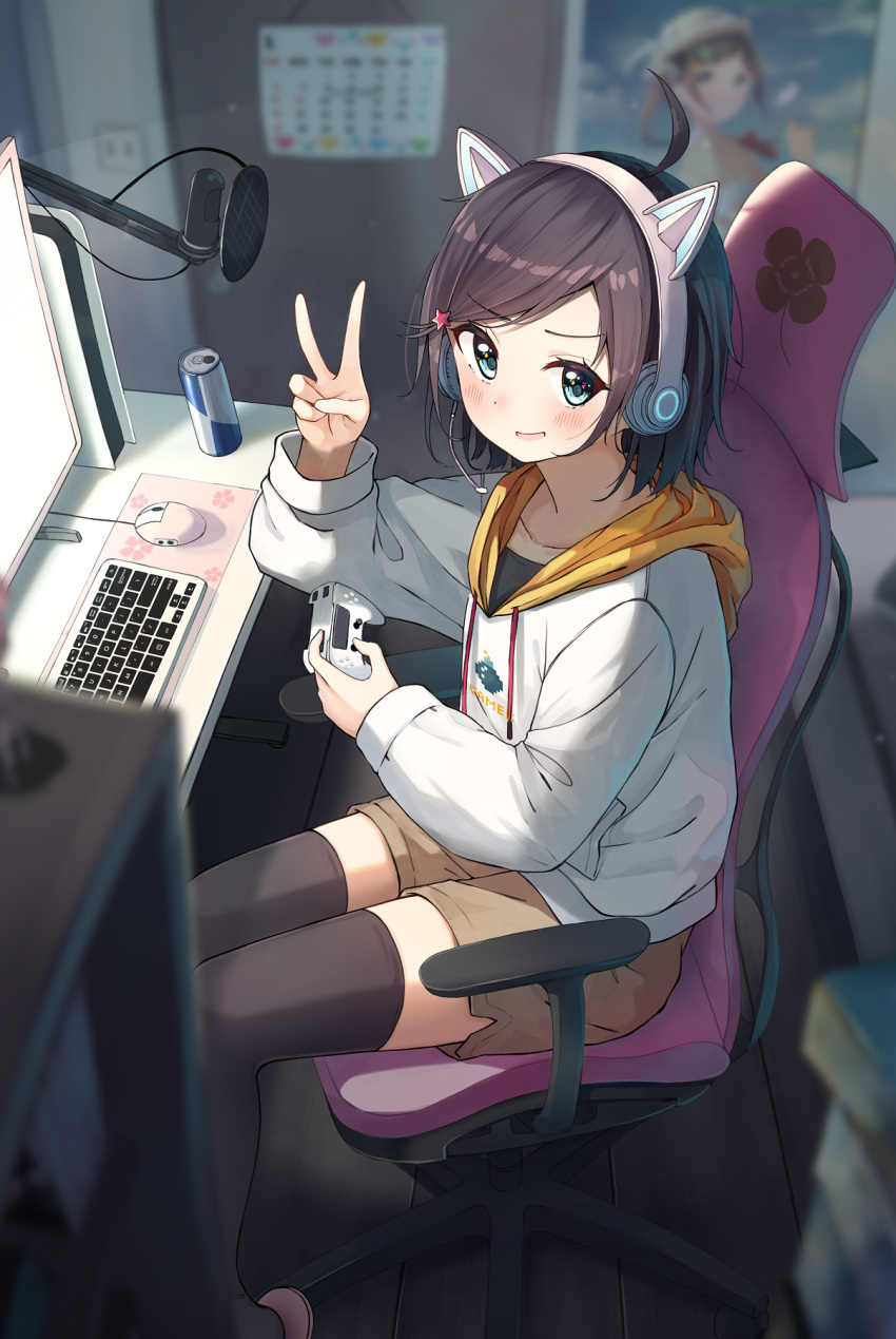 1girl ahoge animal_ear_headphones animal_ears black_hair black_thighhighs blue_eyes blurry blurry_background blush brown_shorts calendar_(object) can chair collarbone commentary_request controller depth_of_field drawstring energy_drink enuni fake_animal_ears game_controller hand_up headphones headset highres holding hood hood_down hoodie indoors keyboard_(computer) long_sleeves looking_at_viewer monitor mouse_(computer) mousepad_(object) office_chair on_chair original parted_lips pink_footwear puffy_long_sleeves puffy_sleeves red_bull short_shorts shorts sitting slippers smirk solo swept_bangs swivel_chair thighhighs v white_hoodie wooden_floor