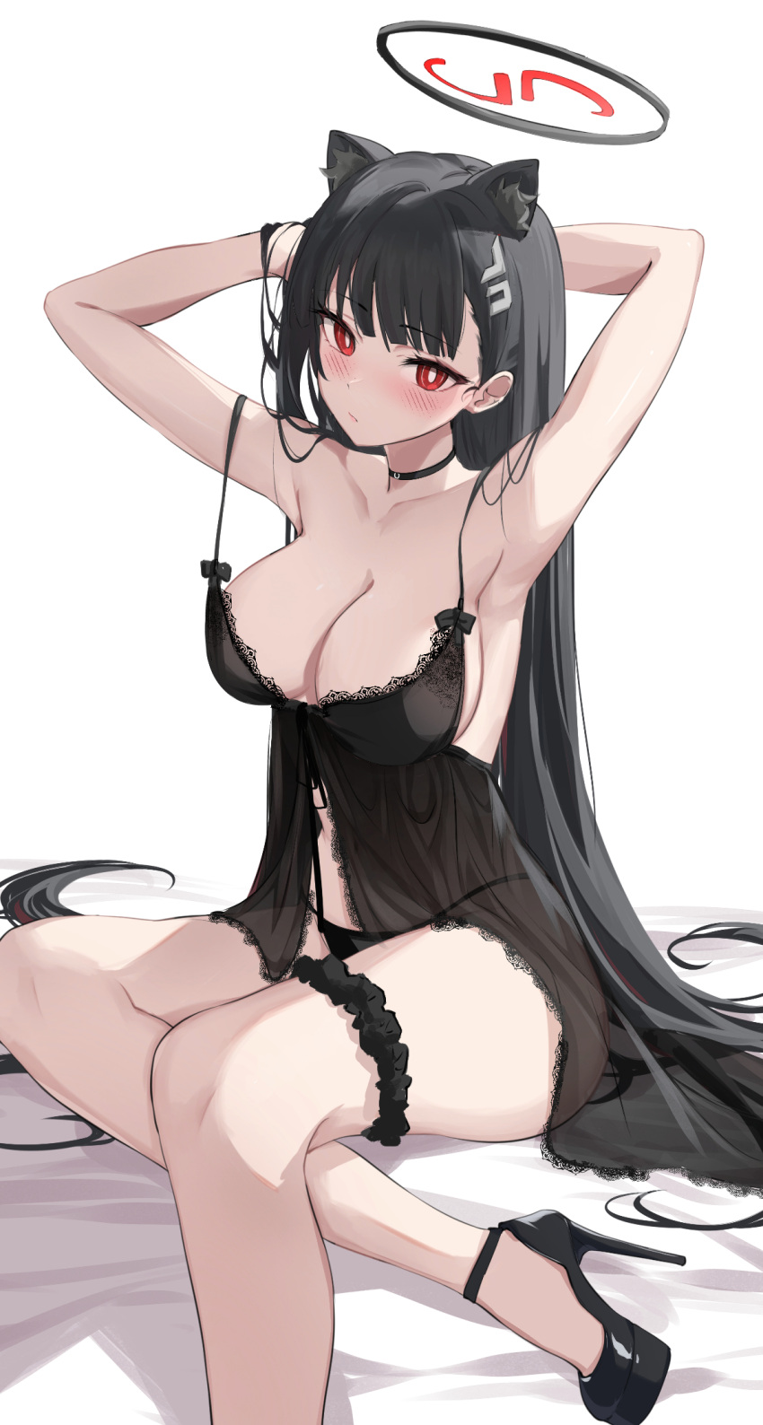 1girl alternate_hairstyle animal_ear_fluff animal_ears armpits arms_up babydoll bare_arms bare_shoulders black_choker black_footwear black_hair blue_archive blush breasts bridal_garter bright_pupils cat_ears choker cleavage english_commentary feint721 hair_down high_heels highres large_breasts long_hair looking_at_viewer red_eyes rio_(blue_archive) simple_background sitting solo spaghetti_strap straight_hair thighs very_long_hair white_background white_pupils